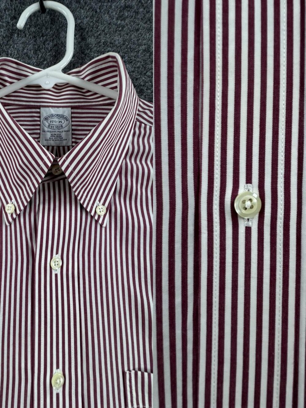 Brooks Brothers Striped Button-Down Red White 15.5 35 Men Non-Iron Slim Business